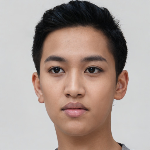 Neutral asian young-adult male with short  black hair and brown eyes
