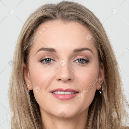 Joyful white young-adult female with long  brown hair and grey eyes