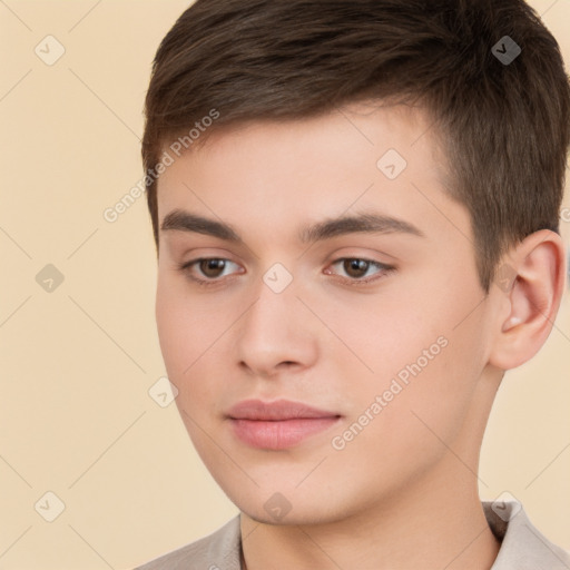 Neutral white young-adult male with short  brown hair and brown eyes