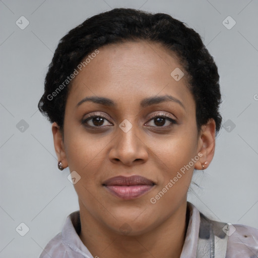 Joyful latino young-adult female with short  black hair and brown eyes