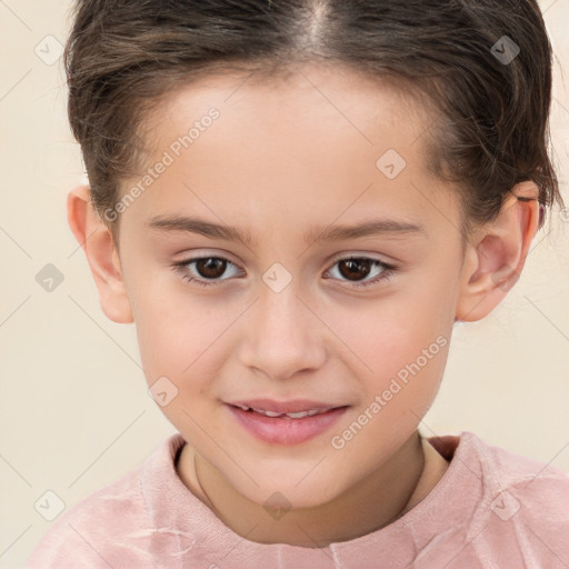 Joyful white child female with short  brown hair and brown eyes