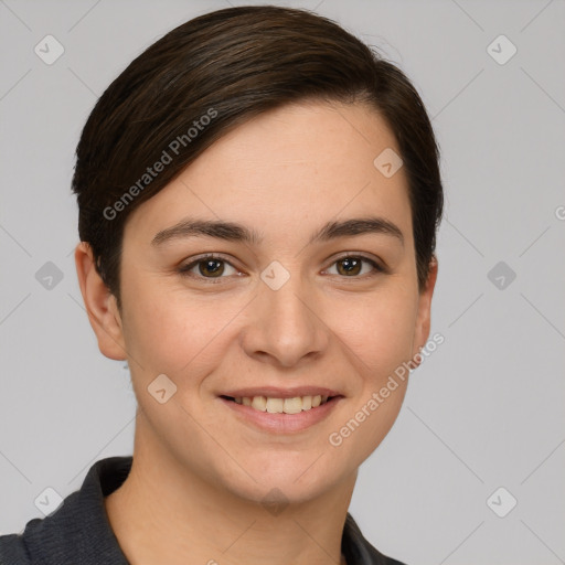 Joyful white young-adult female with short  brown hair and brown eyes