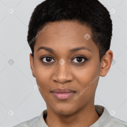 Joyful black young-adult female with short  black hair and brown eyes