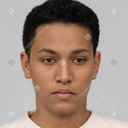 Neutral latino young-adult male with short  brown hair and brown eyes