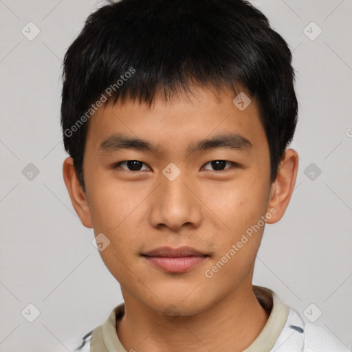 Neutral asian young-adult male with short  brown hair and brown eyes