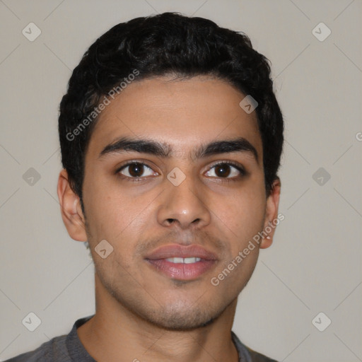 Neutral latino young-adult male with short  black hair and brown eyes