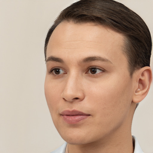 Neutral white young-adult female with short  brown hair and brown eyes