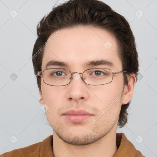 Neutral white young-adult male with short  brown hair and grey eyes