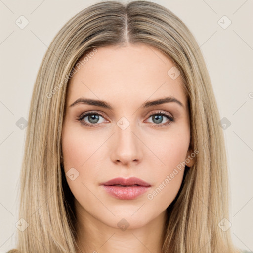 Neutral white young-adult female with long  brown hair and brown eyes