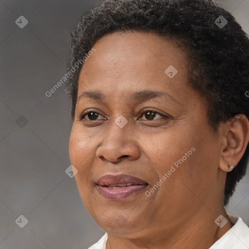 Joyful black adult female with short  brown hair and brown eyes