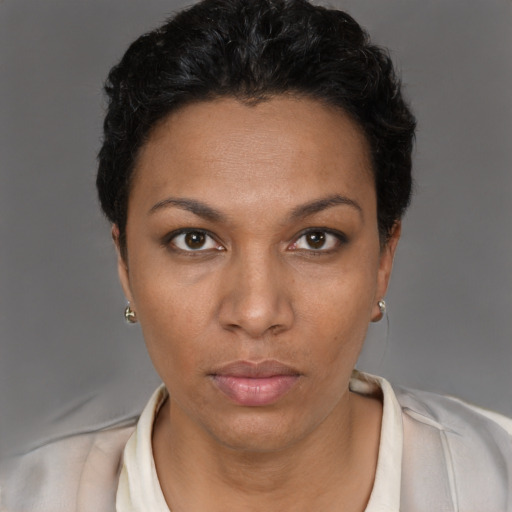 Neutral black young-adult female with short  brown hair and brown eyes
