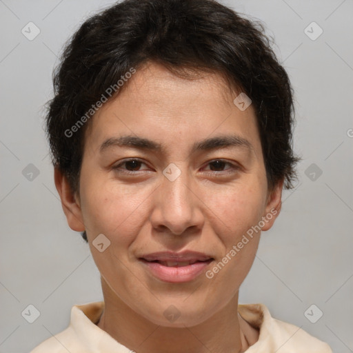 Joyful white adult female with short  brown hair and brown eyes