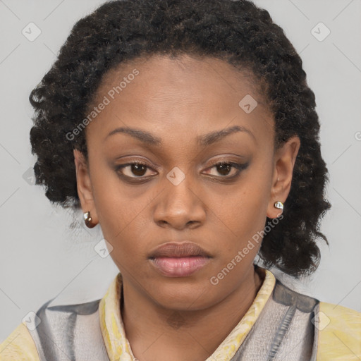 Neutral black young-adult female with short  brown hair and brown eyes