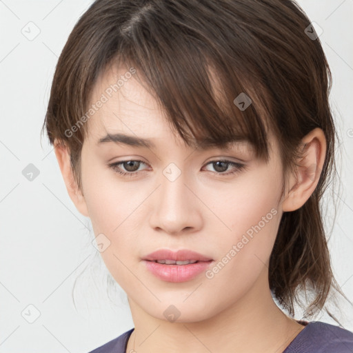 Neutral white young-adult female with medium  brown hair and brown eyes