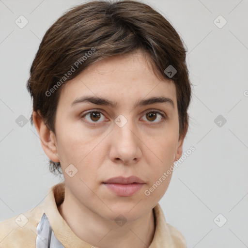 Neutral white young-adult female with short  brown hair and brown eyes