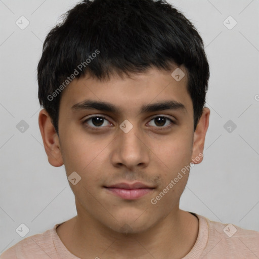 Neutral latino young-adult male with short  brown hair and brown eyes