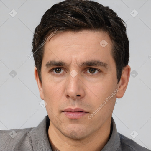 Neutral white adult male with short  brown hair and brown eyes