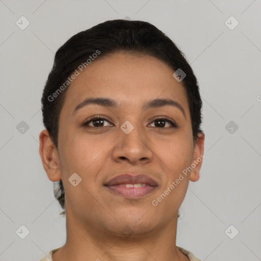 Joyful latino young-adult female with short  brown hair and brown eyes