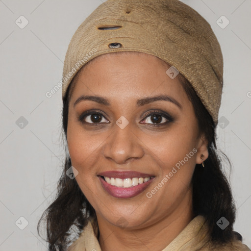 Joyful black young-adult female with medium  brown hair and brown eyes