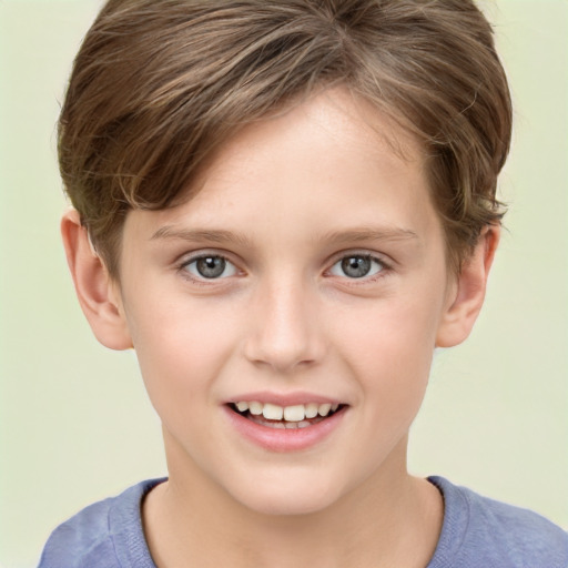 Joyful white child female with short  brown hair and grey eyes