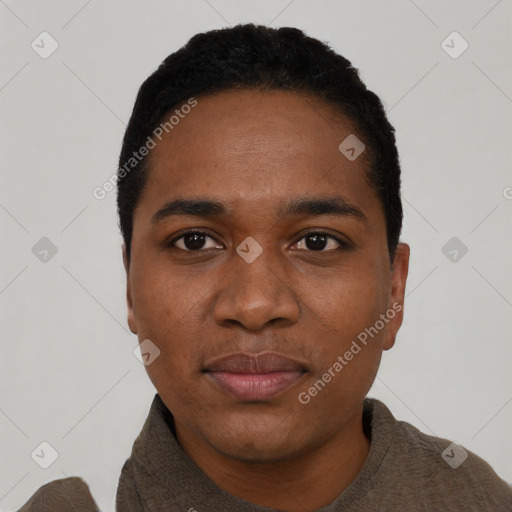 Neutral black young-adult male with short  black hair and brown eyes