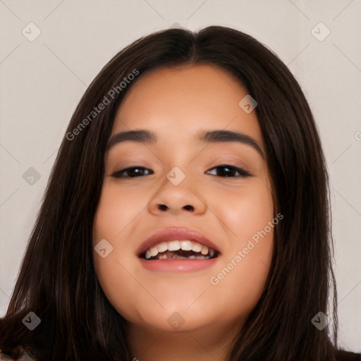 Joyful asian young-adult female with long  brown hair and brown eyes