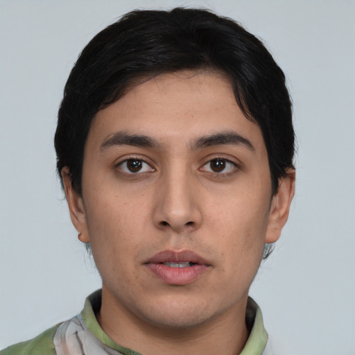 Neutral asian young-adult male with short  black hair and brown eyes
