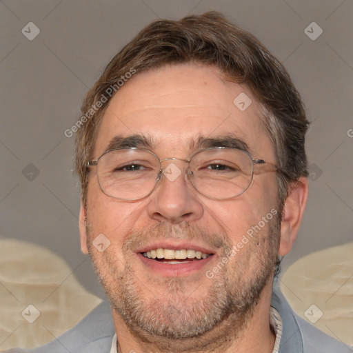 Joyful white adult male with short  brown hair and brown eyes