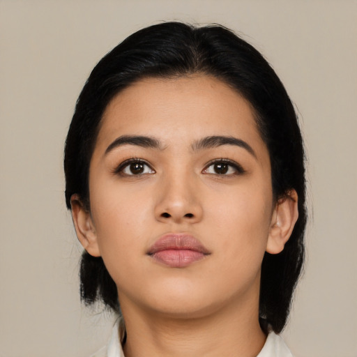 Neutral asian young-adult female with medium  black hair and brown eyes