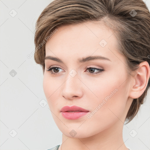 Neutral white young-adult female with medium  brown hair and grey eyes