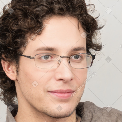 Joyful white young-adult male with medium  brown hair and brown eyes