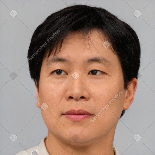 Joyful asian adult male with short  brown hair and brown eyes