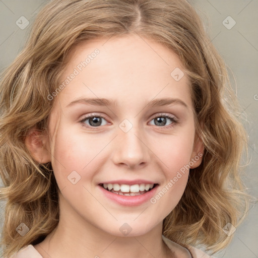 Joyful white young-adult female with medium  brown hair and green eyes