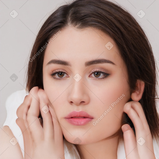 Neutral white young-adult female with long  brown hair and brown eyes