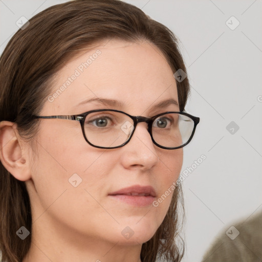 Neutral white young-adult female with medium  brown hair and grey eyes