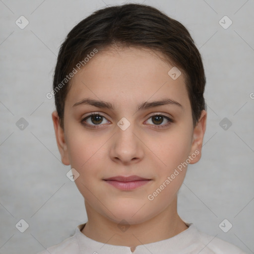 Neutral white young-adult female with short  brown hair and brown eyes