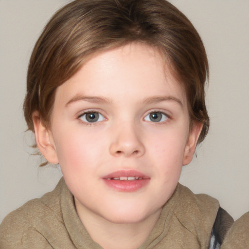 Neutral white child female with medium  brown hair and blue eyes