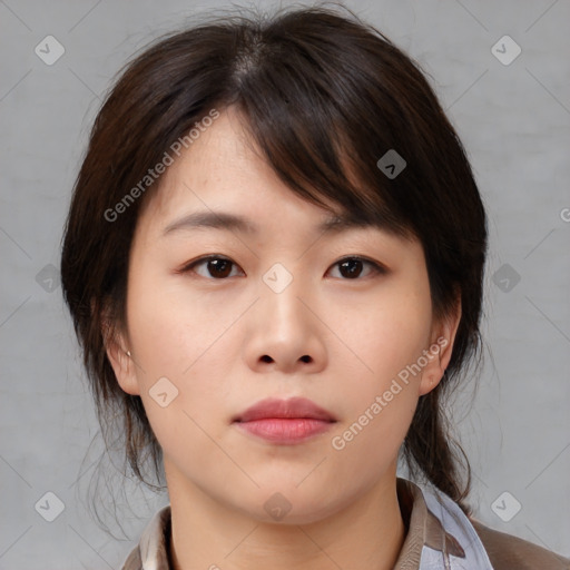 Neutral asian young-adult female with medium  brown hair and brown eyes