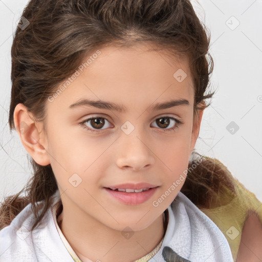 Joyful white child female with medium  brown hair and brown eyes