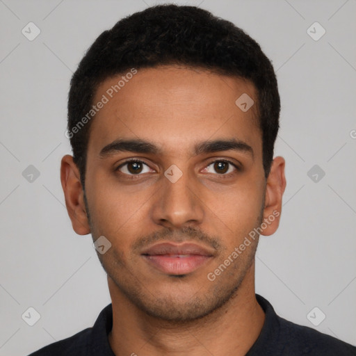 Neutral latino young-adult male with short  black hair and brown eyes