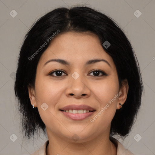 Joyful asian young-adult female with medium  black hair and brown eyes