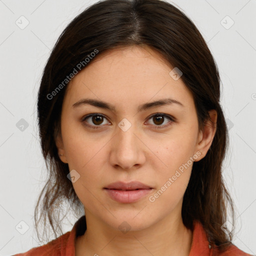 Neutral white young-adult female with medium  brown hair and brown eyes