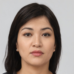 Neutral asian young-adult female with long  brown hair and brown eyes