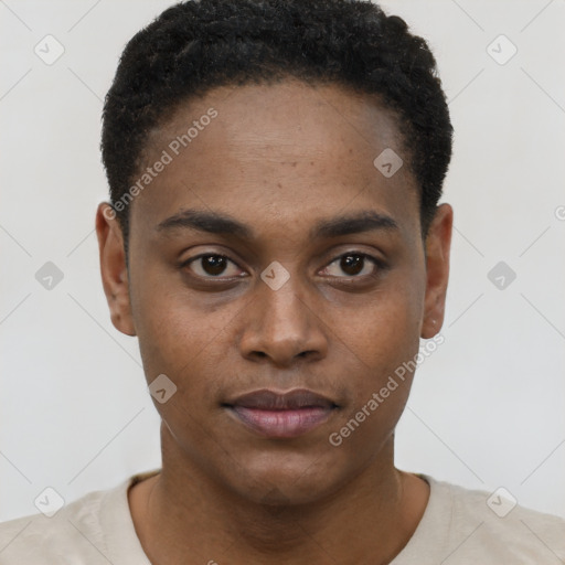 Neutral black young-adult male with short  black hair and brown eyes