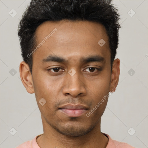 Neutral latino young-adult male with short  black hair and brown eyes