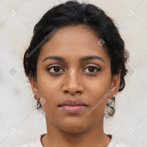 Neutral latino young-adult female with medium  brown hair and brown eyes