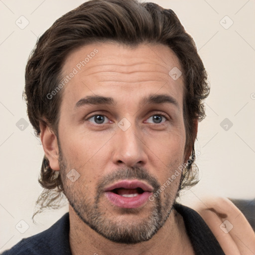 Neutral white adult male with short  brown hair and brown eyes