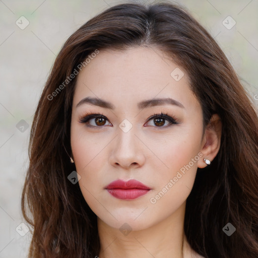 Neutral white young-adult female with long  brown hair and brown eyes