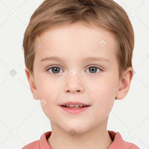 Joyful white child male with short  brown hair and brown eyes