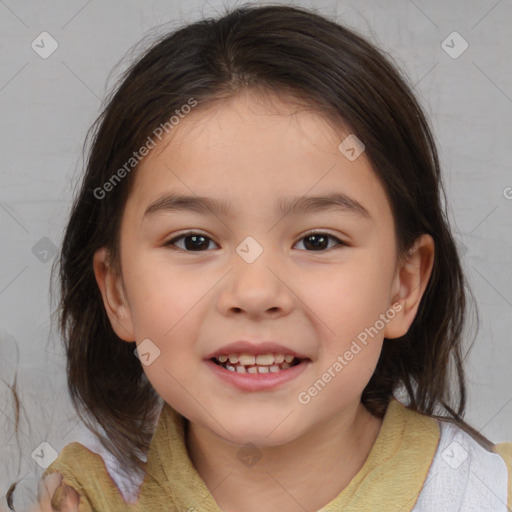 Joyful white child female with medium  brown hair and brown eyes